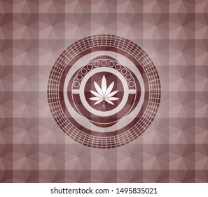 marijuana leaf icon inside red seamless badge with geometric pattern background.