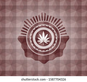 marijuana leaf icon inside red seamless emblem with geometric pattern.
