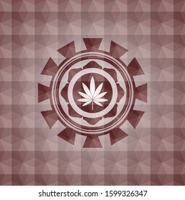 marijuana leaf icon inside red emblem or badge with geometric pattern background. Seamless.