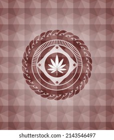 marijuana leaf icon inside red badge with geometric pattern background. Seamless. 