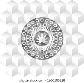 marijuana leaf icon inside retro style grey emblem with geometric cube white background