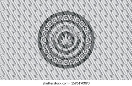 marijuana leaf icon inside silver badge. Scales pattern. Vector Illustration. Detailed.