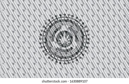 marijuana leaf icon inside silver color badge or emblem. Scales pattern. Vector Illustration. Detailed.