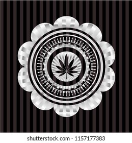 marijuana leaf icon inside silvery shiny emblem
