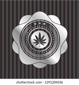 marijuana leaf icon inside silvery shiny badge