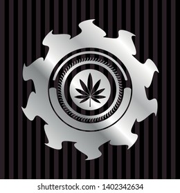 marijuana leaf icon inside silvery badge