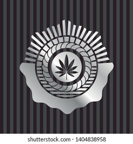 marijuana leaf icon inside silvery shiny badge
