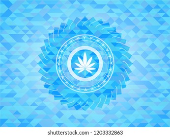 marijuana leaf icon inside sky blue emblem. Mosaic background