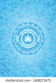 marijuana leaf icon inside sky blue emblem. Mosaic background