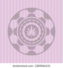 marijuana leaf icon inside vintage pink emblem. Vector design. 