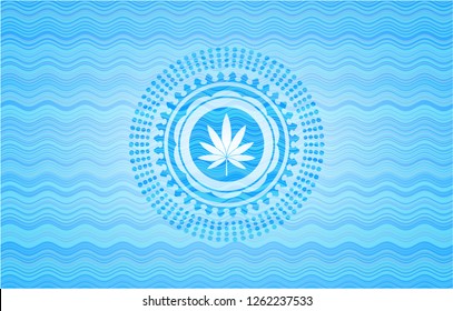 marijuana leaf icon inside water wave emblem background.