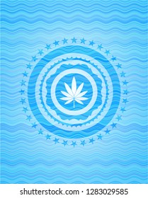 marijuana leaf icon inside water style badge.