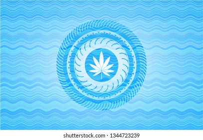 marijuana leaf icon inside water wave representation emblem.