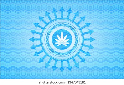 marijuana leaf icon inside water badge background.