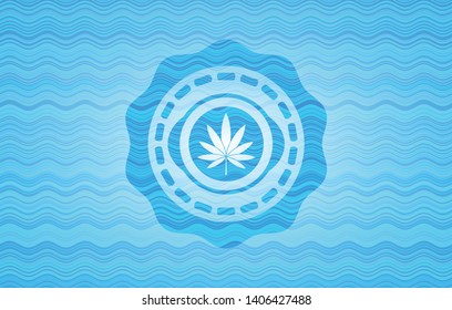 marijuana leaf icon inside water wave concept emblem background.