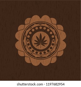  marijuana leaf icon inside wood emblem. Vintage.