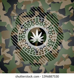 marijuana leaf icon on camouflaged texture