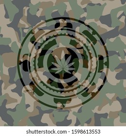 marijuana leaf icon on camouflaged pattern