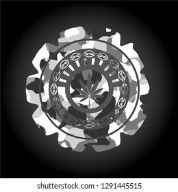 marijuana leaf icon on grey camouflage pattern