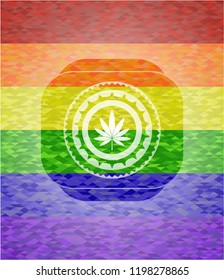 marijuana leaf icon on mosaic background with the colors of the LGBT flag