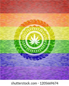 marijuana leaf icon on mosaic background with the colors of the LGBT flag