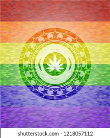 marijuana leaf icon on mosaic background with the colors of the LGBT flag
