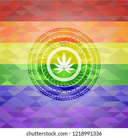 marijuana leaf icon on mosaic background with the colors of the LGBT flag