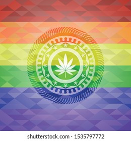 marijuana leaf icon on mosaic background with the colors of the LGBT flag