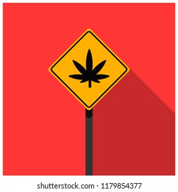 Marijuana Leaf Icon on Road Sign Flat Design With long Shadow