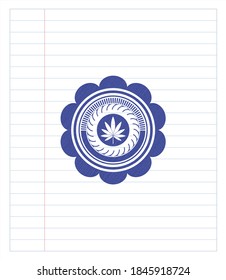 marijuana leaf icon pen strokes emblem. Blue ink. Vector Illustration. Detailed. 