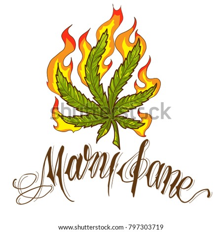 marijuana leaf illustration with lettering "Mary Jane" isolated on white background. 