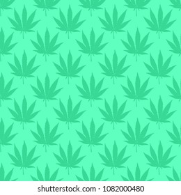 Marijuana leaf light green seamless pattern. Hand drawn narcotic cannabis background. Hemp vector illustration backdrop.