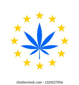 Marijuana leaf on the background of the EU flag. concept of cannabis legalization in the EU. flat vector illustration isolated on white background