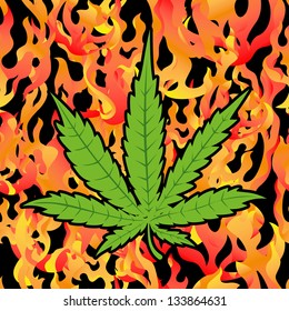 Marijuana leaf on fire flames background vector illustration