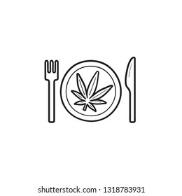 Marijuana Leaf On The Plate With Fork And Knife Hand Drawn Outline Doodle Icon. Cannabis Food Recipe Concept. Vector Sketch Illustration For Print, Web, Mobile And Infographics On White Background.