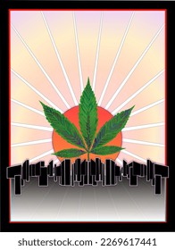 Hojas de marihuana, atardecer naranja y ciudad digital moderna,