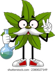 Caricatura Del Profesor De Marihuana Leaf Con Un Bong Y Una Señal De La Mano De La Paz. Ilustración dibujada a mano vectorial aislada en fondo transparente