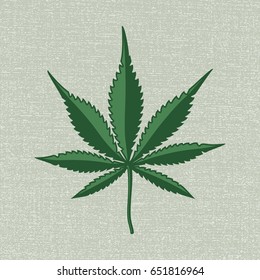 Marijuana Leaf with Seven Blades Colored Etching Style Icon Depicting Cannabis Indica Plant - Dark Green Elements on Light Hemp Texture Background - Vector Woodcut Graphic Design