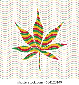 Marijuana Leaf with Seven Blades Icon Depicting Cannabis Indica Plant in Front of Wavy Lines - Green Red and Yellow Elements on White Rough Paper Background - Vector Colored Graphic Design