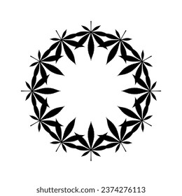 Composición de forma de círculo de hojas de marihuana, puede utilizarse para decorar, ordenar, tapar, cubrir, ilustrar arte, textil, tejido, moda o elemento de diseño gráfico. Ilustración vectorial