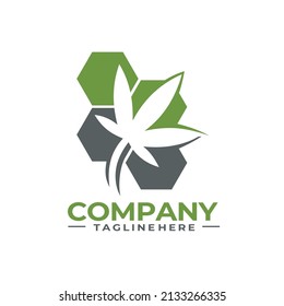 logotipo de la silueta de la hoja de marihuana en múltiples formas hexagonales dna
