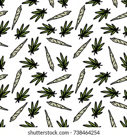 marijuana leaf and spliff (cannabis cigarette) seamless doodle pattern