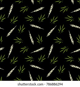 marijuana leaf and spliff (cannabis cigarette) seamless doodle pattern