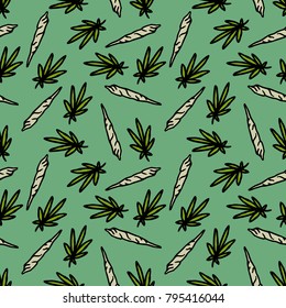 marijuana leaf and spliff (cannabis cigarette) seamless doodle pattern