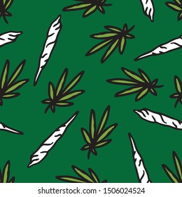 marijuana leaf and spliff seamless doodle pattern, vector illustration