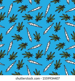 marijuana leaf and spliff seamless doodle pattern, vector illustration