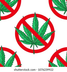 Marijuana leaf stop sign seamless pattern. Hand drawn anti narcotic cannabis background. Hemp vector illustration backdrop.