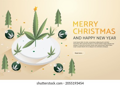 Marijuana leaf tree with christmas ball on podium. Merry christmas and happy new year. isometric vector illustration.