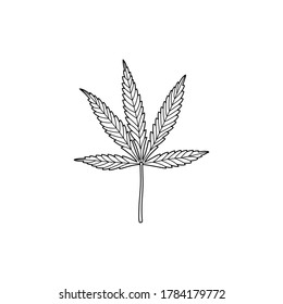 Una hoja de marihuana en un estilo lineal mínimo de tendencia. Esbozo De Una Hoja Médica De Cannabis. Ilustración vectorial de Hemp para imprimir en camisetas, diseño web, afiches, tatuajes, creación de logotipos y patrones
