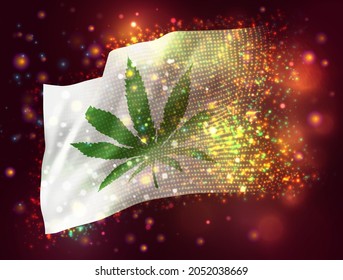 bandera 3d del vector hoja de marihuana sobre fondo púrpura rosa con iluminación y bengalas